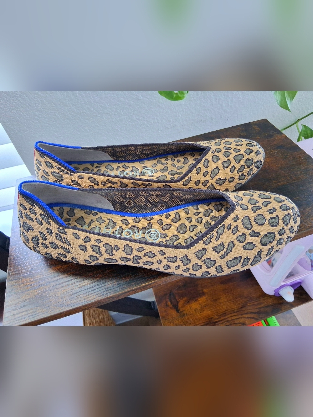 Eco Friendly Rothy's Leopard-Print Flats with Blue Trim, fits 7.5-8